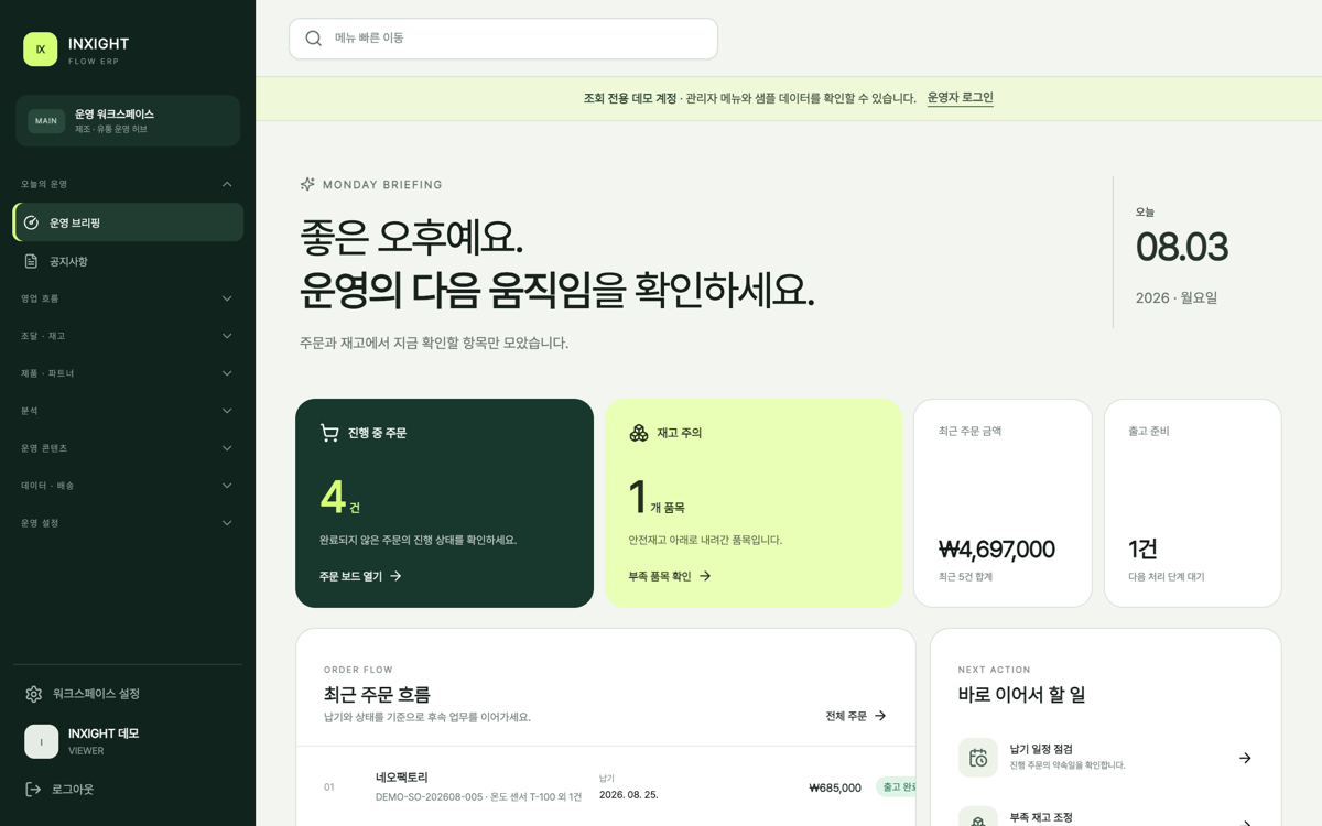INXIGHT Flow ERP의 운영 브리핑 대시보드 화면