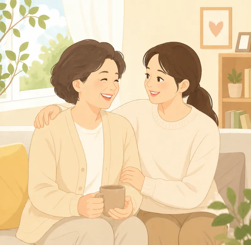 엄마와 딸이 함께 웃으며 이야기하는 모습